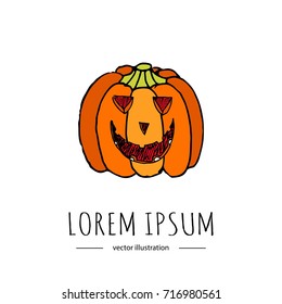 Hand drawn doodle Happy Halloween related icon - Pumpkin. Vector illustration. Holiday symbol. Cartoon sketch element: scary, autumn, face, creepy, evil pumpkin isolated on white background. Boo!