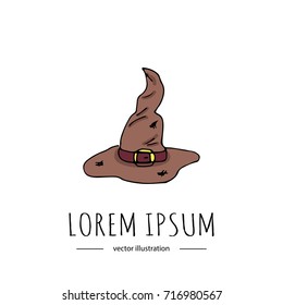 Hand drawn doodle Happy Halloween related icon - Magic old hat. Vector illustration. Holiday symbol isolated on white background. Cartoon sketch element: witch or wizard vintage hat