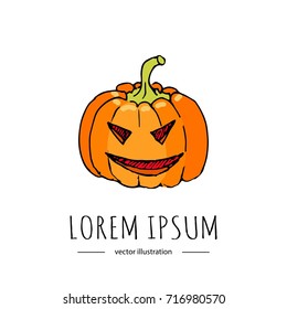 Hand drawn doodle Happy Halloween related icon - Pumpkin. Vector illustration. Holiday symbol. Cartoon sketch element: scary, autumn, face, creepy, evil pumpkin isolated on white background. Boo!