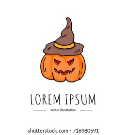 Hand drawn doodle Happy Halloween related icon - Pumpkin. Vector illustration. Holiday symbol. Cartoon sketch element: scary autumn face, creepy, evil pumpkin isolated on white background with old hat