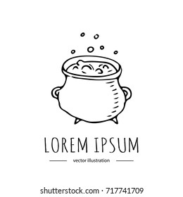 Hand drawn doodle Happy Halloween related icon - Pot with boiling green potion. Vector illustration. Isolated on white background. Holiday symbol. Cartoon sketch elements: witch poison with bubbles