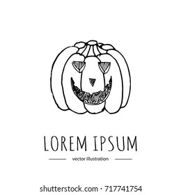 Hand drawn doodle Happy Halloween related icon - Pumpkin. Vector illustration. Holiday symbol. Cartoon sketch element: scary, autumn, face, creepy, evil pumpkin isolated on white background. Boo!