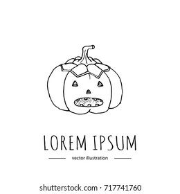 Hand drawn doodle Happy Halloween related icon - Pumpkin. Vector illustration. Holiday symbol. Cartoon sketch element: scary, autumn, face, creepy, evil pumpkin isolated on white background. Boo!