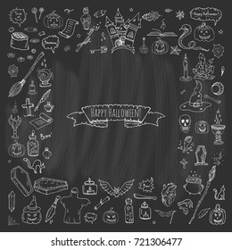 Hand drawn doodle Happy Halloween icons set. Vector illustration. Holiday symbols collection. Cartoon various sketch elements: pumpkin, ghost, castle, bat, candy, witches cauldron, zombie hand, skull