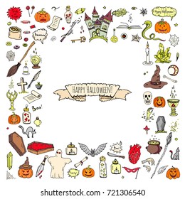 Hand drawn doodle Happy Halloween icons set. Vector illustration. Holiday symbols collection. Cartoon various sketch elements: pumpkin, ghost, castle, bat, candy, witches cauldron, zombie hand, skull