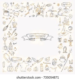 Hand drawn doodle Happy Halloween icons set. Vector illustration. Holiday symbols collection. Cartoon various sketch elements: pumpkin, ghost, castle, bat, candy, witches cauldron, zombie hand, skull