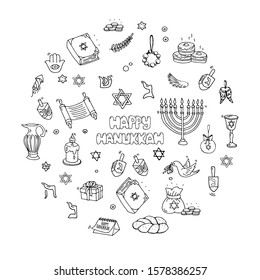 Hand drawn doodle Happy Hanukkah icons set Vector illustration Jewish religious holiday symbols collection Cartoon hebrew letters and decoration elements. Sketch menorah Dreidel Star of David