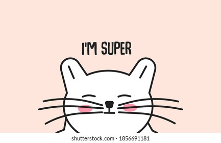 Hand drawn doodle happy and smiling cat thinks he is super isolated on pink background cute vector illustration. The cat loves himself and freedom of life