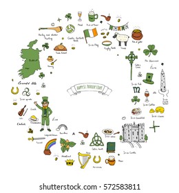 Hand drawn doodle Happy St. Patrick's Day set. Ireland icons. Vector illustration Sketchy Irish traditional food icons elements Flag Map Celtic Cross Knot Castle Leprechaun Shamrock Harp Pot of gold