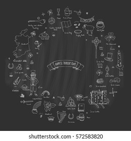 Hand drawn doodle Happy St. Patrick's Day set. Ireland icons. Vector illustration Sketchy Irish traditional food icons elements Flag Map Celtic Cross Knot Castle Leprechaun Shamrock Harp Pot of gold