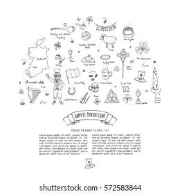 Hand drawn doodle Happy St. Patrick's Day set. Ireland icons. Vector illustration Sketchy Irish traditional food icons elements Flag Map Celtic Cross Knot Castle Leprechaun Shamrock Harp Pot of gold
