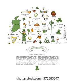 Hand drawn doodle Happy St. Patrick's Day set. Ireland icons. Vector illustration Sketchy Irish traditional food icons elements Flag Map Celtic Cross Knot Castle Leprechaun Shamrock Harp Pot of gold