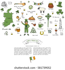 Hand drawn doodle Happy St. Patrick's Day set. Ireland icons. Vector illustration Sketchy Irish traditional food icons elements Flag Map Celtic Cross Knot Castle Leprechaun Shamrock Harp Pot of gold