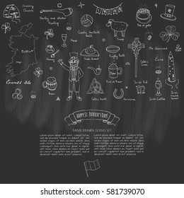 Hand drawn doodle Happy St. Patrick's Day set. Ireland icons. Vector illustration Sketchy Irish traditional food icons elements Flag Map Celtic Cross Knot Castle Leprechaun Shamrock Harp Pot of gold