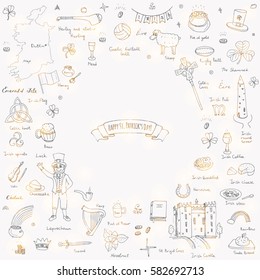 Hand drawn doodle Happy St. Patrick's Day set. Ireland icons. Vector illustration Sketchy Irish traditional food icons elements Flag Map Celtic Cross Knot Castle Leprechaun Shamrock Harp Pot of gold