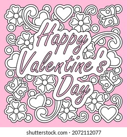 Hand drawn doodle Happy Valentine's Day illustration. Vector Black and white background, linear art design with cartoon objects and abstract elements