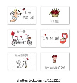Hand drawn doodle Happy Valentine's Day cards with cupid, tricycle, flowers, hearts, dove. Love and Feelings collection vector illustration Sketchy icons Mothers day, wedding, love, romantic events 