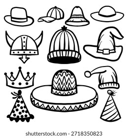 Conjunto de sombrero de doodle dibujado a mano