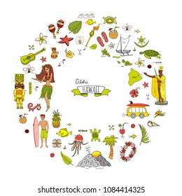 Hand drawn doodle Hawaii icons set Vector illustration isolated symbols collection of hawaiian symbols Cartoon elements: USA state map Honolulu State Hula girl Surfing guy Volcano Guitar Paradise Art