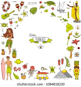 Hand drawn doodle Hawaii icons set Vector illustration isolated symbols collection of hawaiian symbols Cartoon elements: USA state map Honolulu State Hula girl Surfing guy Volcano Guitar Paradise Art