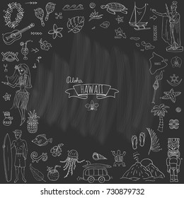 Hand drawn doodle Hawaii icons set Vector illustration isolated symbols collection of hawaiian symbols Cartoon elements: USA state map Honolulu State Hula girl Surfing guy Volcano Guitar Paradise Art