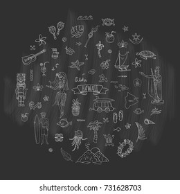 Hand drawn doodle Hawaii icons set Vector illustration isolated symbols collection of hawaiian symbols Cartoon elements: USA state map Honolulu State Hula girl Surfing guy Volcano Guitar Paradise Art