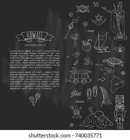 Hand drawn doodle Hawaii icons set Vector illustration isolated symbols collection of hawaiian symbols Cartoon elements: USA state map Honolulu State Hula girl Surfing guy Volcano Guitar Paradise Art