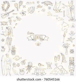 Hand drawn doodle Hawaii icons set Vector illustration isolated symbols collection of hawaiian symbols Cartoon elements: USA state map Honolulu State Hula girl Surfing guy Volcano Guitar Paradise Art