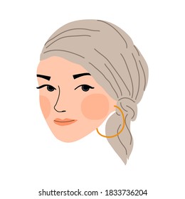 Hand drawn doodle head face profile female wearing turban, headband, headgear fashion