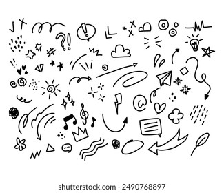 Hand drawn doodle. Doodle heart, arrow, star, sparkle decoration. Vector illustration.
