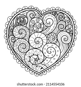 Hand drawn doodle heart coloring page. Black and white Valentine’s Day pattern for antistress coloring book. Love mandala. Vector illustration