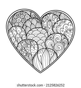 Hand drawn doodle heart coloring page. Black and white Valentine’s Day pattern for antistress coloring book. Love mandala. Vector illustration