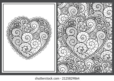 Hand drawn doodle heart coloring pages set in US Letter format. Black and white Valentine’s Day patterns for antistress coloring book. Love mandala. Vector illustration