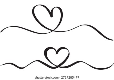 Desenho à mão coração doodle desenho contínuo uma linha, clipart coração preto e branco, coração de amor, forma de coração caligráfico, fita, símbolo, divisor de texto, ilustração vetor isolado eps arquivo.