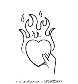 hand drawn doodle heart with fire illustration symbol isolated