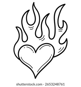 Handgezeichnetes Doodle-Herz mit Flamme einzeln auf weißem Hintergrund. Vektorgrafik.