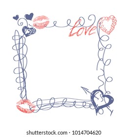 Hand drawn doodle heart frame, arrows and lips on white background, happy valentines day, vector illustration. Abstract love design, romantic holiday decoration