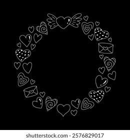 Hand drawn doodle heart frame on a black background