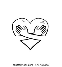 Hand Drawn Doodle Heart With Hand Hug Gesture Illustration Vector