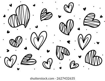 Desenhado à mão coração doodle, amor, afeição, fundo bonito, estética, simples, preto e branco, contorno