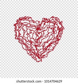 Hand drawn doodle heart on transparent background, happy valentines day, red vector illustration. Cute love wallpaper. Abstract design, romantic holiday decoration