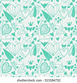 Hand drawn doodle heart seamless pattern. Saint valentine day background. Scrapbooking paper. Vintage wallpaper design.