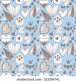 Hand drawn doodle heart seamless pattern. Saint valentine day background. Scrapbooking paper. Vintage wallpaper design.