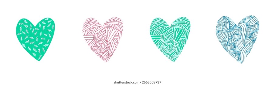 Elementos dibujados a mano en forma de corazón para tarjetas de felicitación del día de San Valentín