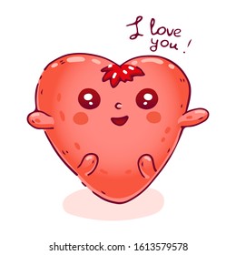Hand drawn doodle Heart sticker in cute kawaii style on white background. Vector illustration. Love symbol. Cartoon emoji character with "I love you" lettering. Perfect for Valentine's Day postcards.