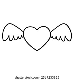 Hand drawn doodle heart with wings isolated on white background. Vector illustration.