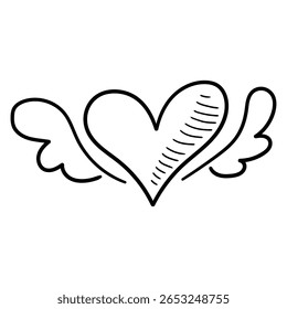 Hand drawn doodle heart with wings isolated on white background. Vector illustration.