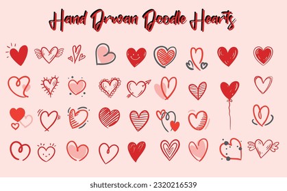 Hand drawn Doodle hearts Black And Red, love hearts collection, Elements for Valentine's Day, Vector illustration Set