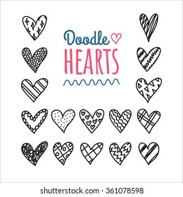 Hand drawn doodle hearts with different pattern icon set. Valentines day hearts collection in cartoon style. Love, romantic sketch. Design, web, ads, wrapping paper, gift bags, greeting cards.