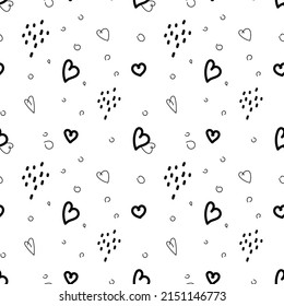 Hand drawn doodle hearts and dots pattern. Cute black love vector seamless pattern background in trendy style for fashion print, fabric, Valentine's day decoration